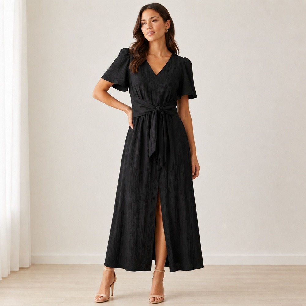 Calvin Klein Black Tie Waist Front Slit Maxi Dress Size 10 NWT